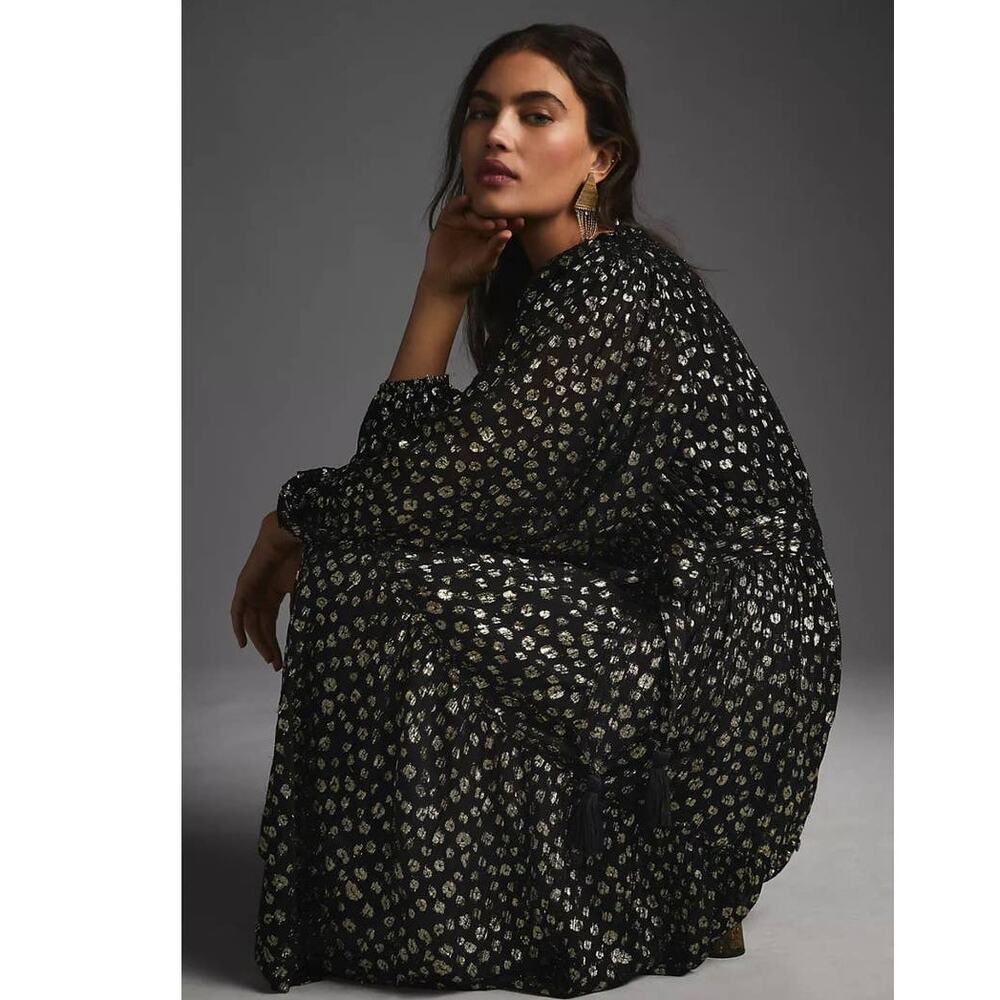 New Anthropologie Mille V-Neck Lurex Midi Dress $498 XXS Black & Metallic Gold